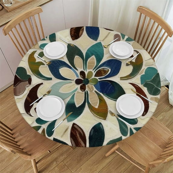 WYYP Tablecloth Round Table Cover Bohemian Pattern Vintage Flower Print White