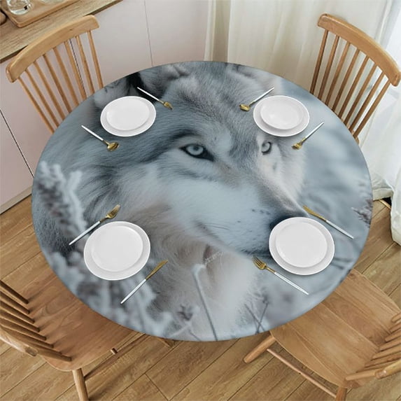 WYYP The Hungry Appearance of the Wolf Searching for Food, the Fierce Hunter Round Table Cover 100% Polyester Fiber with Elastic Edge White