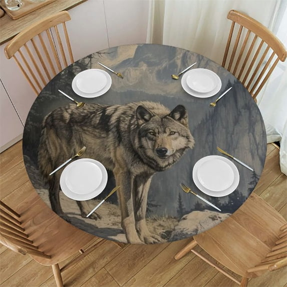 WYYP The Hungry Appearance of the Wolf Searching for Food, the Fierce Hunter Round Table Cover 100% Polyester Fiber with Elastic Edge White
