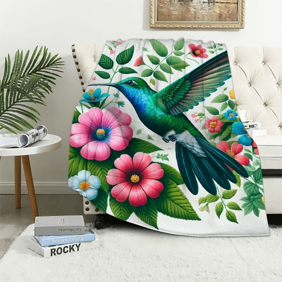 WYYP Throw Blanket Hummingbird Floral Flower Plush Bed Blanket White