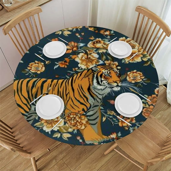 WYYP Tiger Flowers Wallpaper Round Tablecloth Washable for Home Kitchen Outdoor Decoration 100% Polyester Fiber White
