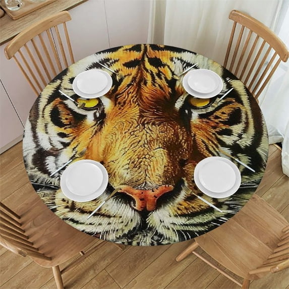 WYYP Tiger Yellow Eyes Round Table Cover 100% Polyester Fiber with Elastic Edge White