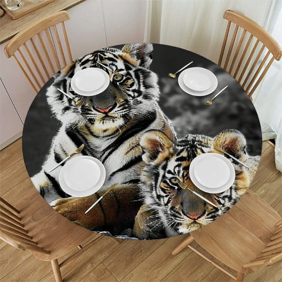 WYYP Tigers Rock Wild Round Tablecloth - Outdoor Picnic Camping and Indoor Kitchen Dining Party Table Decoration - 100% Polyester Fiber White