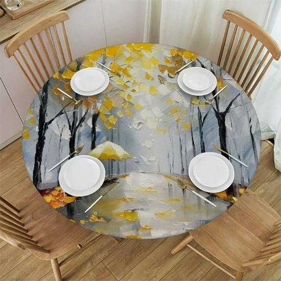 WYYP Tree Ginkgo, Gold and Black Picture Decor Waterproof Round Tablecloth White