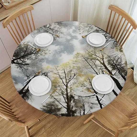 WYYP Trees Trees Round Tablecloth Outdoor Fitted 100% Polyester Fiber Great for Home Kitchen/Parties/Holiday Dinner White