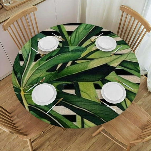WYYP Tropical Green Leaves with Stripe Background Monstera Palm Tree Round Tablecloth - Great for Home Kitchen/Parties/Holiday Dinner White