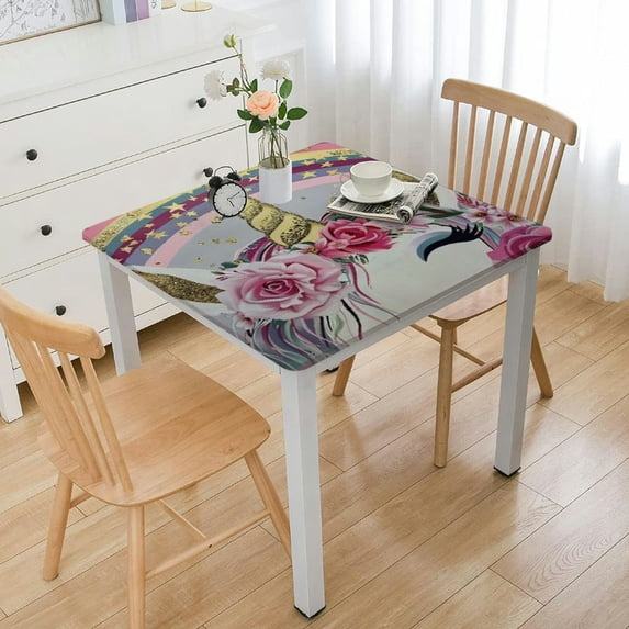 WYYP Unicorn Rainbow Flowers Square Tablecloth for Outdoor Picnic Camping and Indoor Kitchen Dining Party 100% Polyester Fiber 40*40
