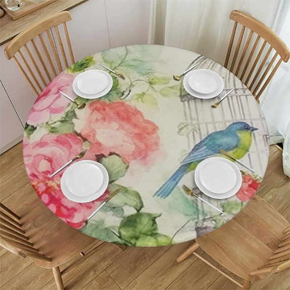 WYYP Victoria Easter Pastel Rose Floral Flannel Backed Tablecloth - Roses and Butterfly Spring French Country Print Tablecloth with Flannel Backing, White
