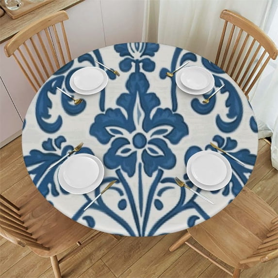 WYYP Vintage Flower Pattern Navy Blue and White Bohemian Round Tablecloth White
