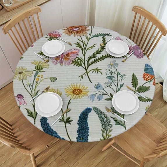WYYP Vintage Garden Plants Herbs Flowers Botanical Classic Design Art, Decorative Waterproof Resistant Fabric Round Tablecloth White