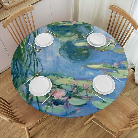 WYYP Water Lilies Lily Pads Pond Round Tablecloth - Full Width Single-Sided Printing 100% Polyester Fiber Outdoor Fitted White
