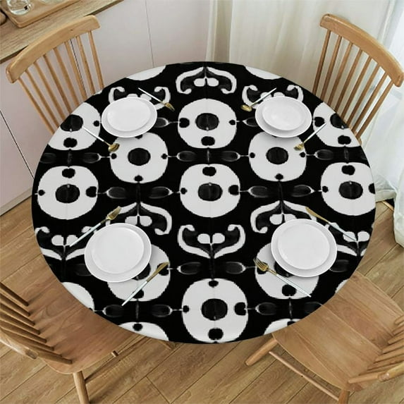 WYYP Water Resistant Round Table Cover Retro Geometric Flower Design Round Tablecloth Polyester Washable Table Cloth Table Abstract Black and White