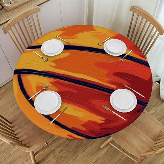 WYYP Watercolor Basketball Round Tablecloth Waterproof Spillproof Resistant Washable Reusable Sport Basketball Elastic Edged Polyester Fitted Table Cover Fits up Diameter Tables White