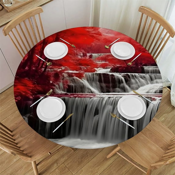 WYYP Waterfall Red Trees Red Sky Round Table Cover 100% Polyester Fiber Outdoor Fitted White