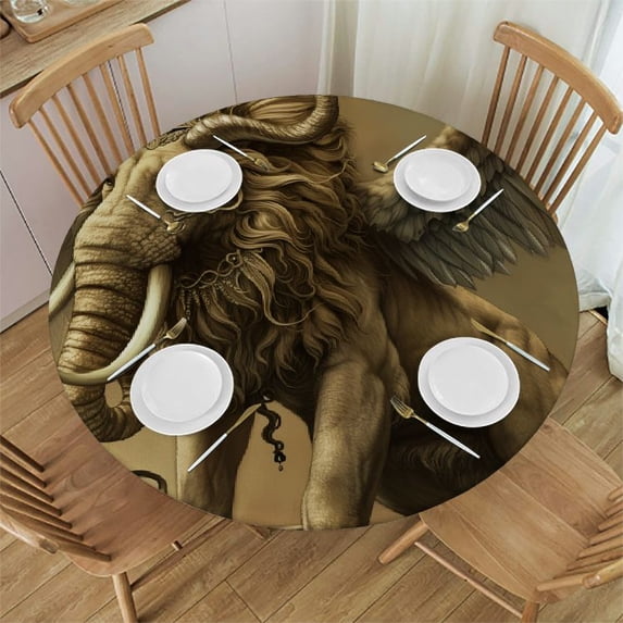 WYYP Waterproof Resistant Fabric Round Tablecloth - Majestic Lion Design White