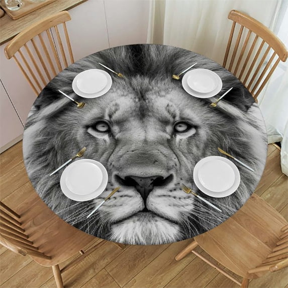 WYYP Waterproof Resistant Fabric Round Tablecloth - Majestic Lion Design White