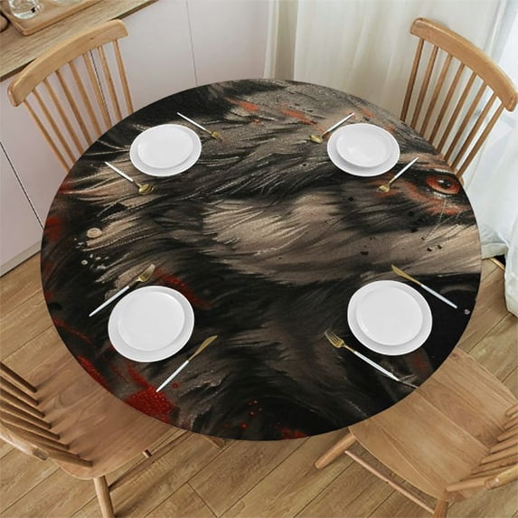 WYYP Waterproof Round Tablecloth - The Hungry Appearance of the Wolf Searching for Food, The Fierce Hunter White