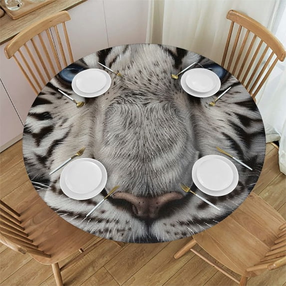 WYYP White Tiger Round Tablecloth 100% Polyester Fiber Waterproof White
