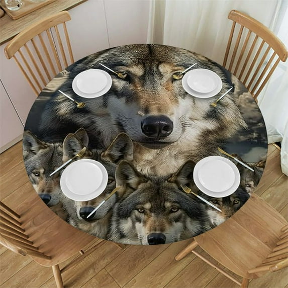 WYYP Wolf Group Cloudy Sky Round Tablecloth with Elastic Edge 100% Polyester Fiber Great for Home Kitchen/Parties/Holiday Dinner White