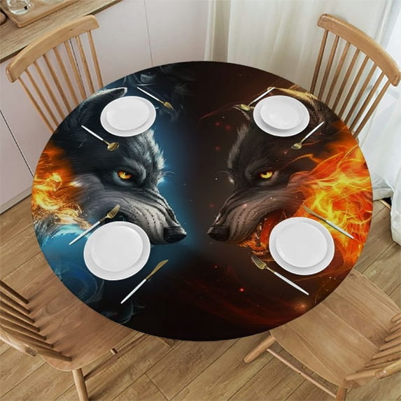 WYYP Wolfs Fire Fantasy Round Tablecloth Waterproof 100% Polyester Fiber Outdoor Fitted White