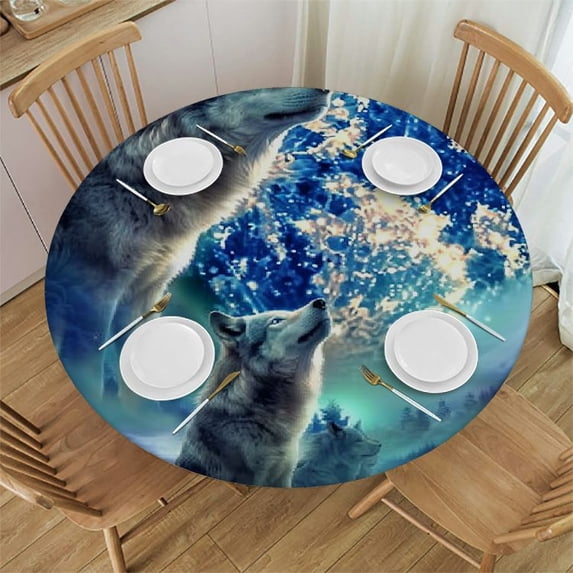 WYYP Wolfs Moon Stars Round Tablecloth - Great for Home Kitchen/Parties/Holiday Dinner - 100% Polyester Fiber - Outdoor Fitted White