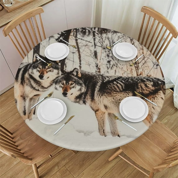 WYYP Wolves Snow Woods Round Tablecloth - Full Width Single-Sided Printing - 100% Polyester Fiber - Table Decor for Home Decoration White