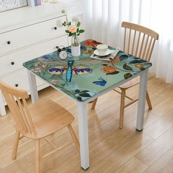 WYYP with Elastic Edge Dragonflies Butterflies Flowers Grass Square Tablecloth white