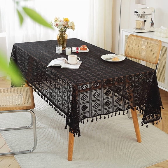 WYZCTTD 1pcs Bohemian Knitted Fabric Geometric Tablecloth,Vintage Black Square Tablecloth for Kitchen Dining Room, Party, Holiday, Festival, Buffet, 55.12"x70.87"