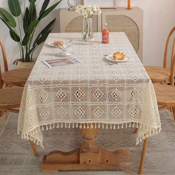 WYZCTTD 1pcs Bohemian Knitted Fabric Hollow Grid Tablecloth,Vintage Beige Square Tablecloth for Kitchen Dining Room, Party, Holiday, Festival, Buffet, 55.12"x70.87"