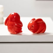 WYZCTTD 2 Pcs Ceramic Red Rabbit Figurines Cute Bunny Statues Glossy Animal Desktop Decor Set, Standing & Sitting Bunny Table Accent