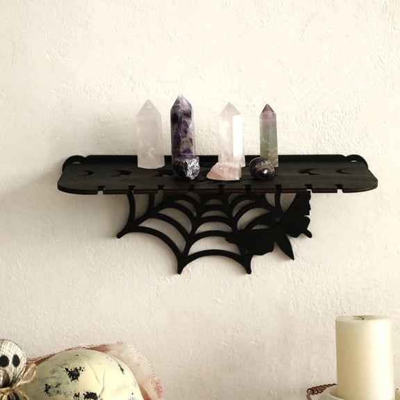 WYZCTTD Gothic Wooden Floating Shelf, Bat Spider Web Wall Mounted Crystal Display Ledge
