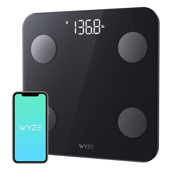 Open Box WYZE Digital Bathroom Body Weight Scale, High Precision Smart Step-on Technology, Tempered Glass, LED Display, Wireless App Body Fat Scale, Pet/Baby/Athlete Scale, 400 lb/180 kg Black
