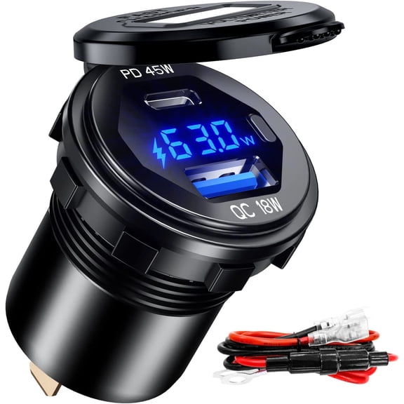 WYZWYZ PD 45W USB C Quick Charger 18W USB 3.0 Charger Socket Waterproof with Switch LED Voltmeter and Wire Fuse DIY Kit for 12V/24V Car Boat Marine ATV Bus Truck RV Motorcycle