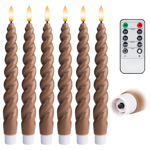 WYZworks 10" Flameless LED Taper Candles – Full Twisted Spiral – Brown, Set of 6 – Remote, 2/4/6/8-Hr Timer (24-hr Memory), Bottom On/Off Button, Dimmable, Battery Operated, Flicker/Steady