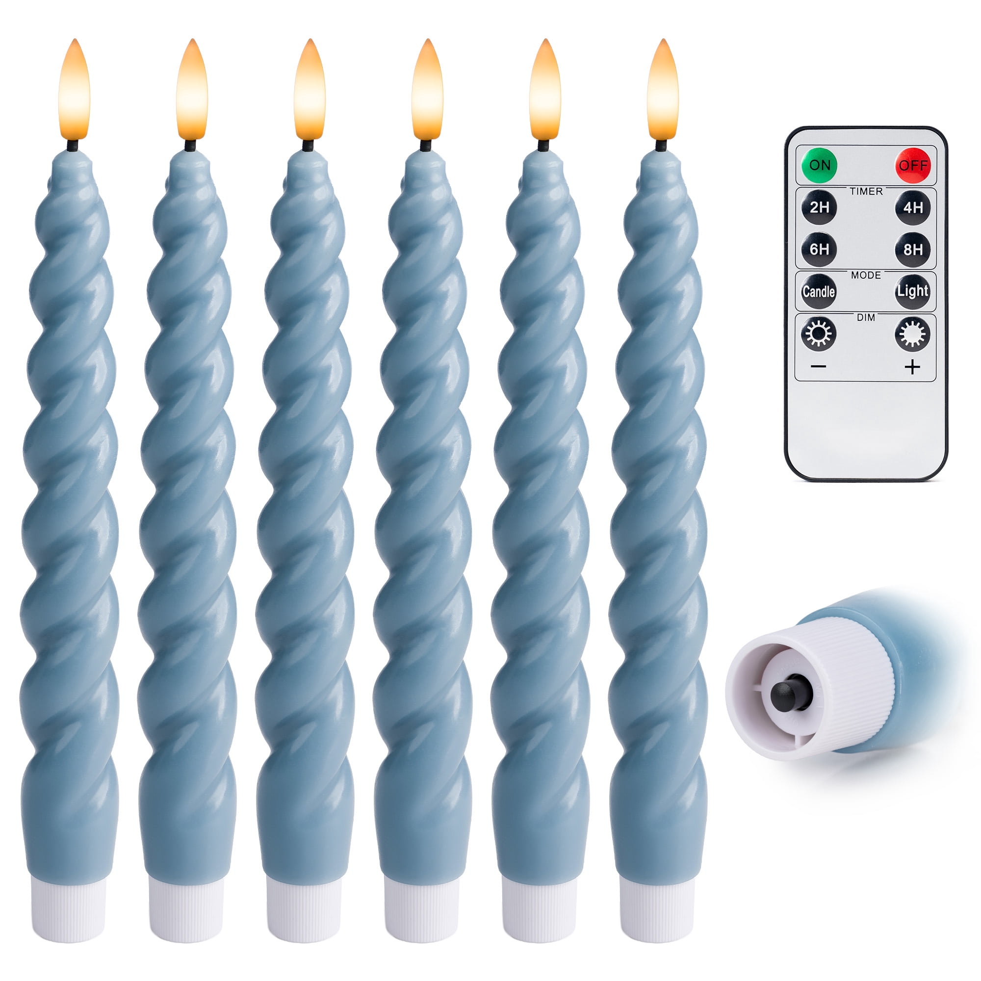 WYZworks 10" Flameless LED Taper Candles – Full Twisted Spiral – Dusty Blue, Set of 6 – Remote, 2/4/6/8-Hr Timer (24-hr Memory), Bottom On/Off Button, Dimmable, Battery Operated, Flicker/Steady