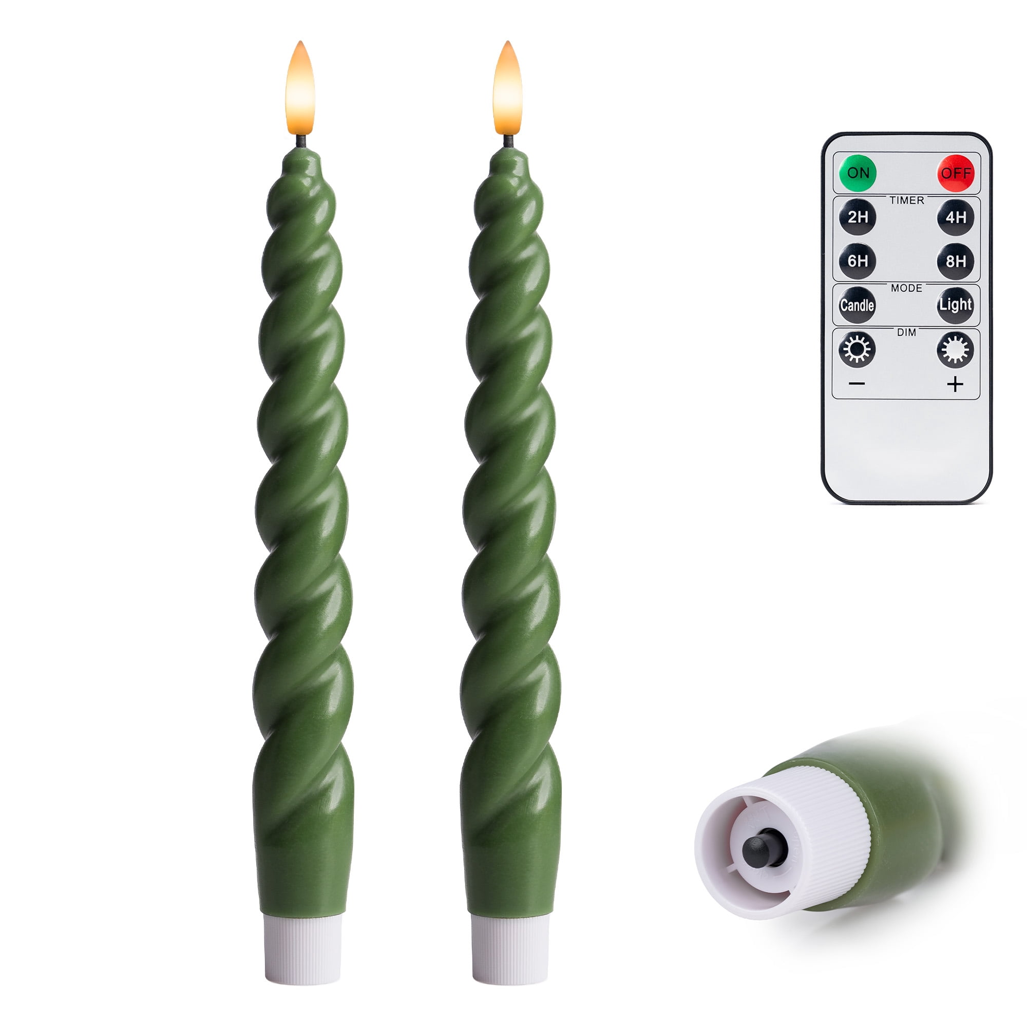 WYZworks 10" Flameless LED Taper Candles – Full Twisted Spiral – Loden Green, Set of 2 – Remote, 2/4/6/8-Hr Timer (24-hr Memory), Bottom On/Off Button, Dimmable, Battery Operated, Flicker/Steady