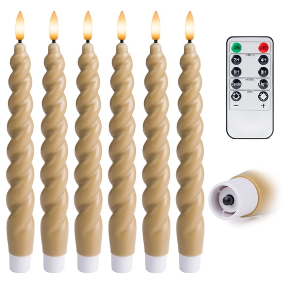 WYZworks 10" Flameless LED Taper Candles – Full Twisted Spiral – Sand Biege, Set of 6 – Remote, 2/4/6/8-Hr Timer (24-hr Memory), Bottom On/Off Button, Dimmable, Battery Operated, Flicker/Steady