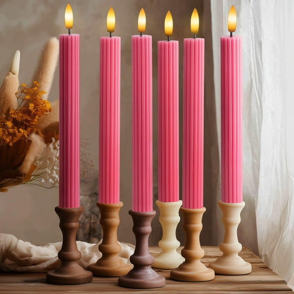 WYZworks 10" Fluted LED Pink Grooved Pillar Candles, Remote & 24h Timer Memory, On/Off Switch - Flameless Dimmable Battery Operated w/Flicker Mode, Home Wedding Decor (6 Pack)