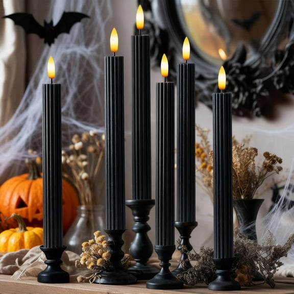 WYZworks 10" Fluted Ribbed LED Black Grooved Pillar Candles, Remote & 24h Timer Memory, On/Off Switch - Flameless Dimmable Battery Operated w/Flicker Mode, Home Wedding Decor (6 Pack)