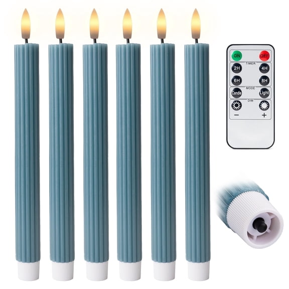 WYZworks 10" Fluted Ribbed LED Blue Grooved Pillar Candles, Remote & 24h Timer Memory, On/Off Switch - Flameless Dimmable Battery Operated w/Flicker Mode, Home Wedding Decor (6 Pack)