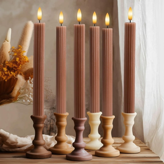 WYZworks 10" Fluted Ribbed LED Brown Tan Grooved Pillar Candles with 2 Remotes & 24h Timer Memory, On/Off Switch - Flameless Dimmable Battery Operated w/Flicker Mode, Home Wedding Decor (12 Pack)