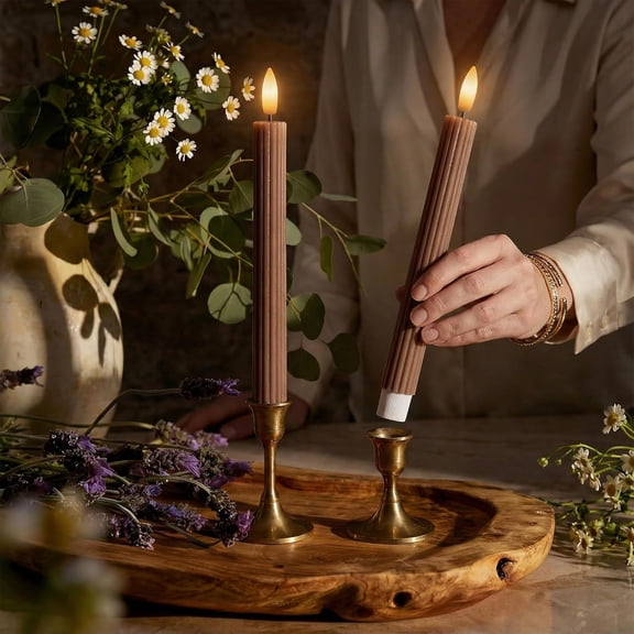 WYZworks 10" Fluted Ribbed LED Brown Tan Grooved Pillar Candles with 2 Remotes & 24h Timer Memory, On/Off Switch - Flameless Dimmable Battery Operated w/Flicker Mode, Home Wedding Decor (12 Pack)