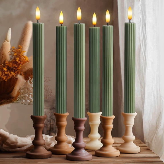 WYZworks 10" Fluted Ribbed LED Loden Green Grooved Pillar Candles, Remote & 24h Timer Memory, On/Off Switch - Flameless Dimmable Battery Operated w/Flicker Mode, Home Wedding Decor (12 Pack)