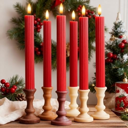 WYZworks 10" Fluted Ribbed LED Red Grooved Pillar Candles, Remote & 24h Timer Memory, On/Off Switch - Flameless Dimmable Battery Operated w/Flicker Mode, Home Wedding Decor (6 Pack)