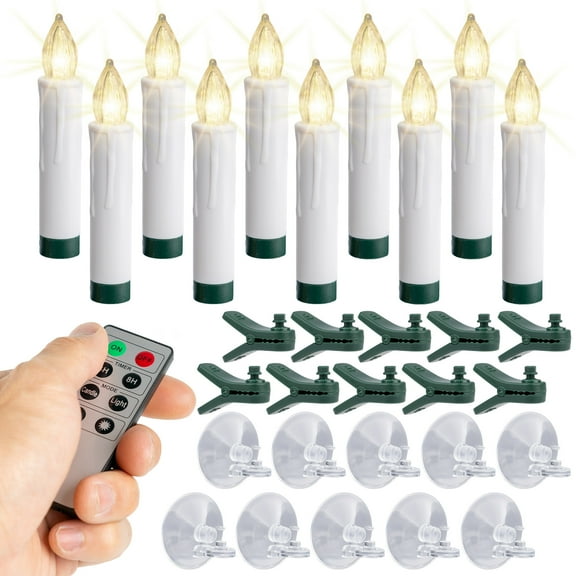 WYZworks 10 Pack 3.5" LED Flameless Flickering Mini Taper Tree Clip-On Candles, Suction Cups Window Mounts, Drip Effect Timer Remote Control, Battery Operated Christmas Decorative Ornaments Wreath