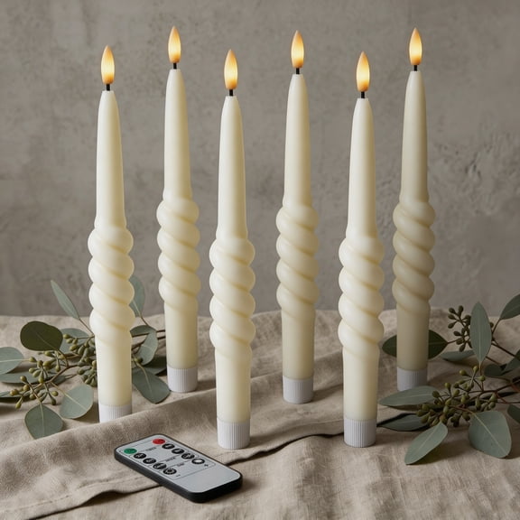 WYZworks 10" Smooth Taper with Twist Flameless LED Taper Candles - Ivory, Set of 6 - Remote, 2/4/6/8-Hr Timer (24-hr Memory), Bottom On/Off Button, Dimmable, Battery Operated, Flicker/Steady