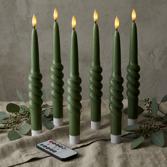 WYZworks 10" Smooth Taper with Twist Flameless LED Taper Candles - Loden Green, Set of 6 - Remote, 2/4/6/8-Hr Timer (24-hr Memory), Bottom On/Off Button, Dimmable, Battery Operated, Flicker/Steady
