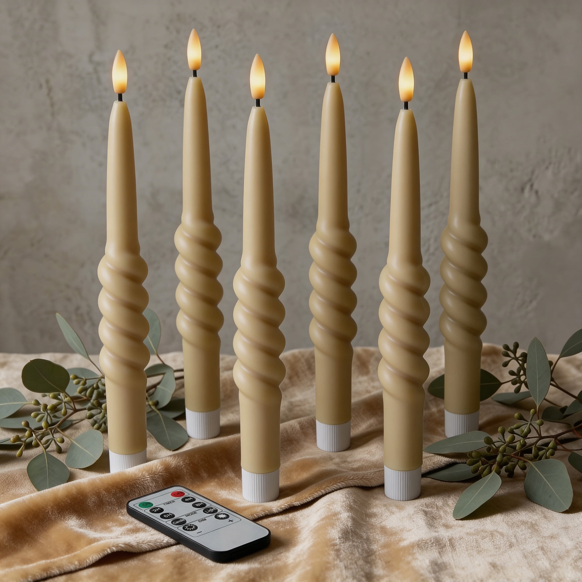WYZworks 10" Smooth Taper with Twist Flameless LED Taper Candles - Sand Biege, Set of 6 - Remote, 2/4/6/8-Hr Timer (24-hr Memory), Bottom On/Off Button, Dimmable, Battery Operated, Flicker/Steady