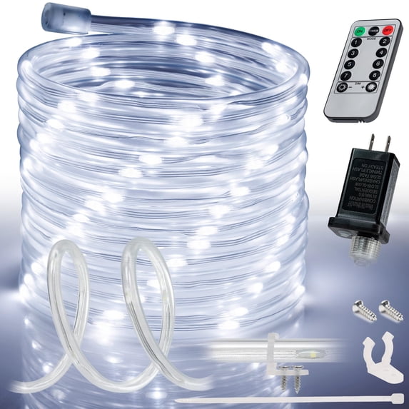 WYZworks 100ft Cool White LED Outside Rope Light - 8 Modes, Waterproof Permanent Outdoor Accent Lighting w/Remote, Flexible Clear Tube, ETL Certified, Exterior Christmas Patio Palm Tree Yard Ambient