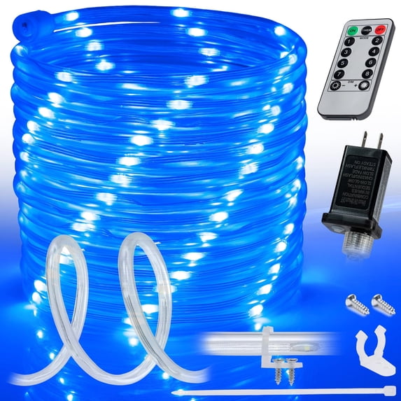 WYZworks 10ft Blue LED Outside Rope Light - 8 Modes, Waterproof Permanent Outdoor Accent Lighting w/Remote, Flexible Clear Tube, ETL Certified, Exterior Christmas Patio Palm Tree Yard Ambient